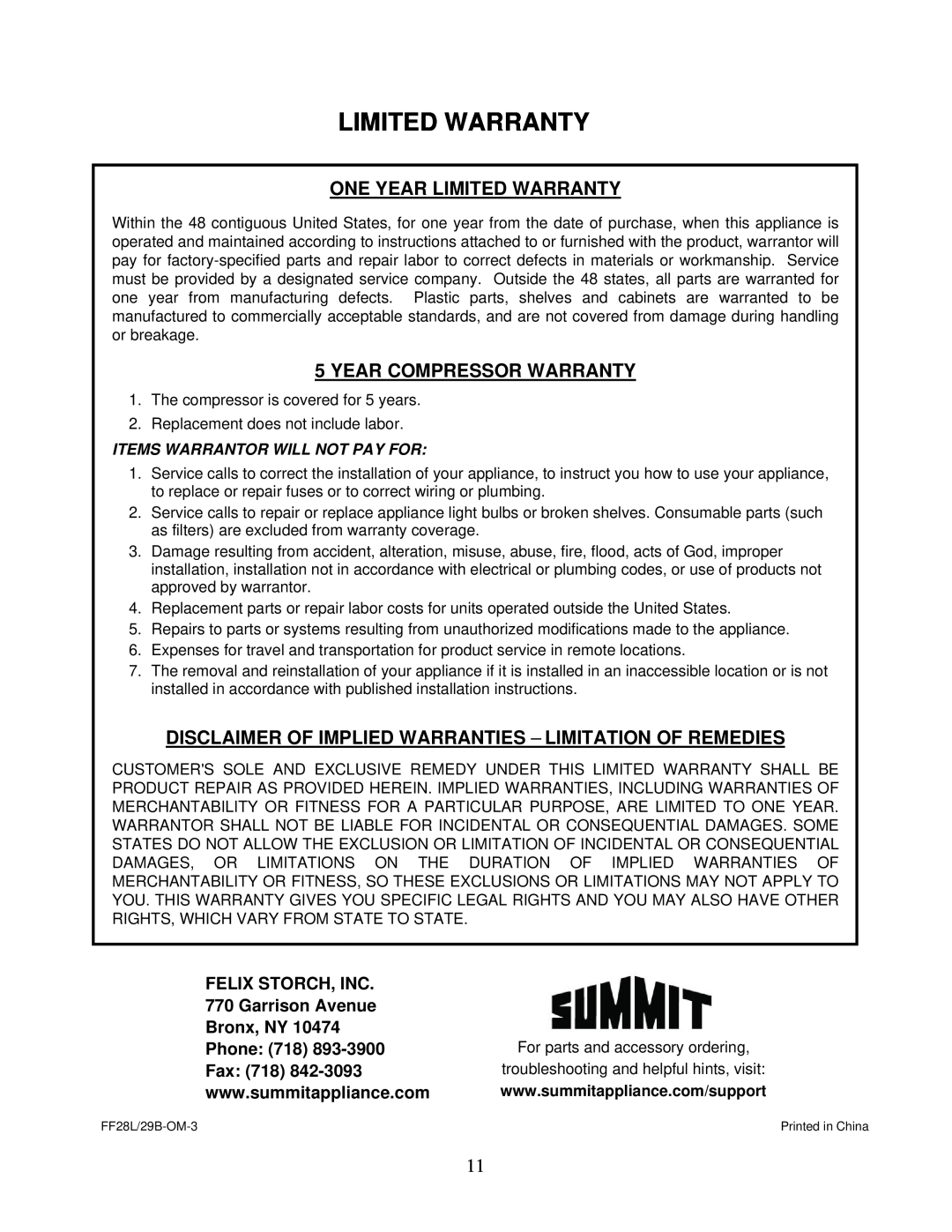 Summit FF28L One Year Limited Warranty, Year Compressor Warranty, FELIX STORCH, INC 770 Garrison Avenue Bronx, NY, Fax 