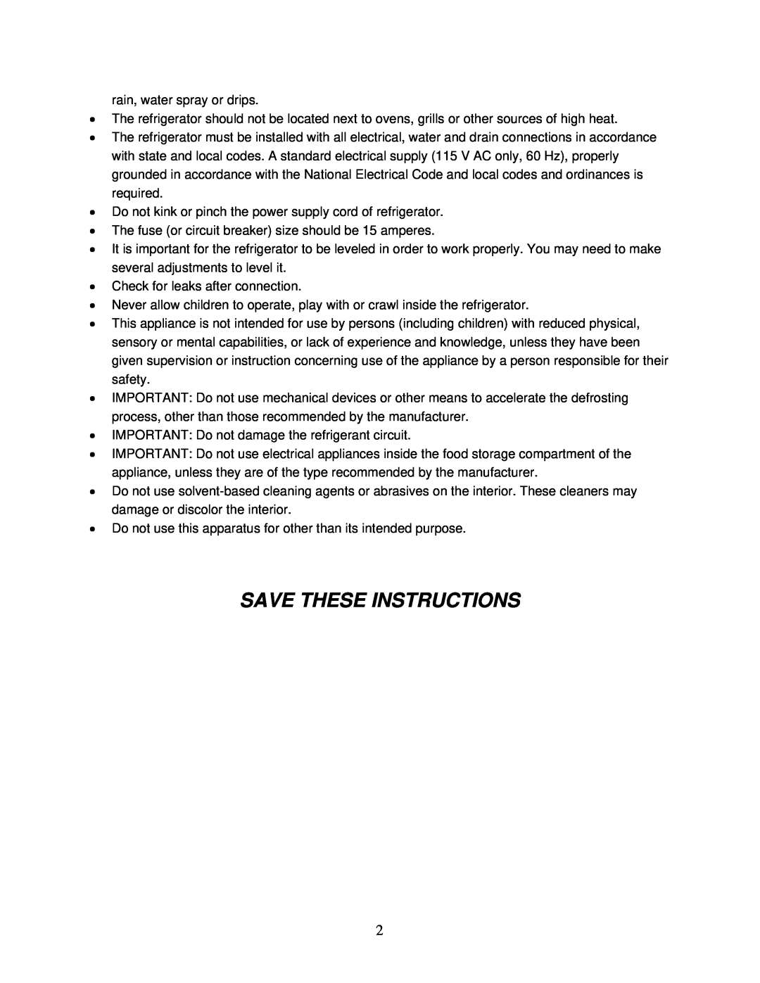Summit FF28L instruction manual Save These Instructions 