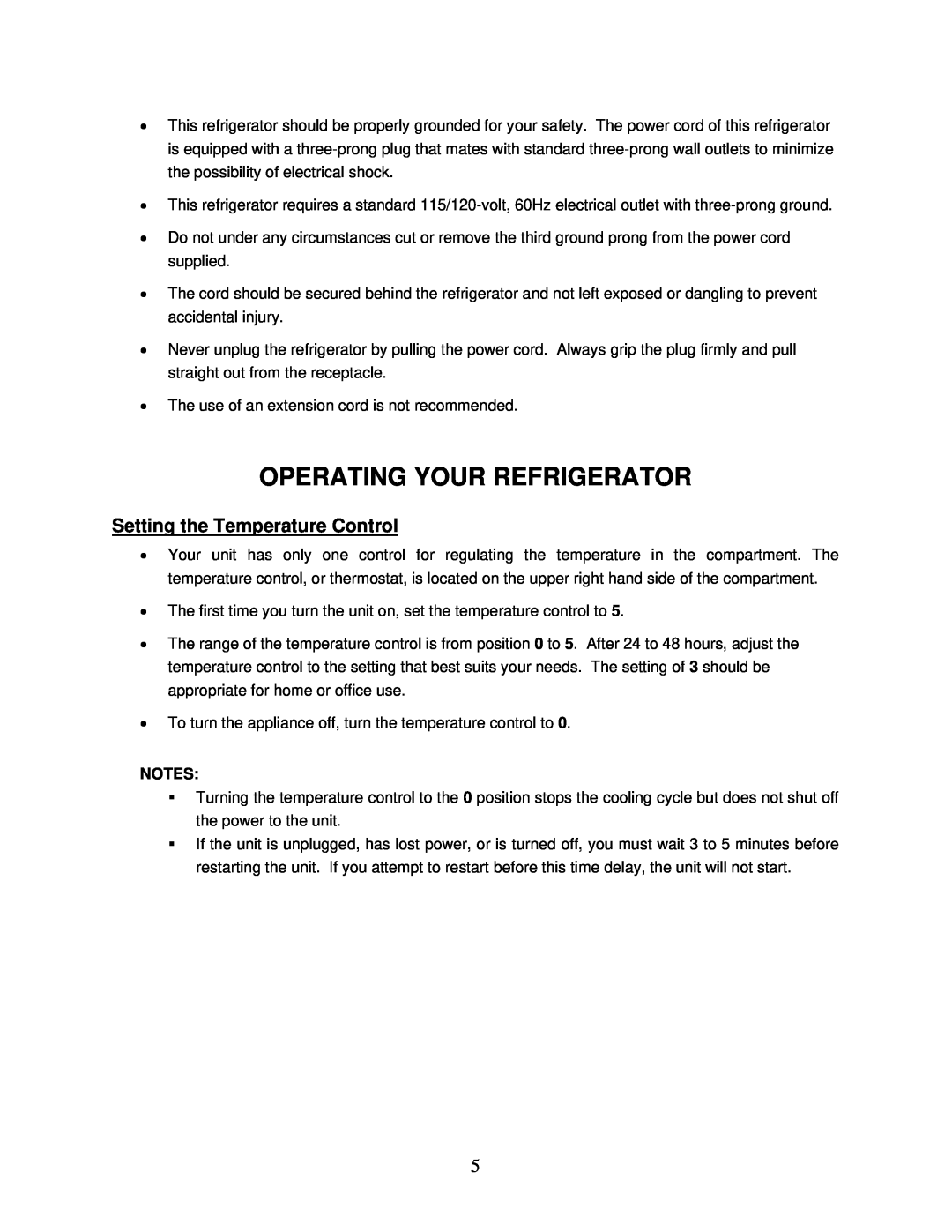 Summit FF28L instruction manual Operating Your Refrigerator, Setting the Temperature Control 