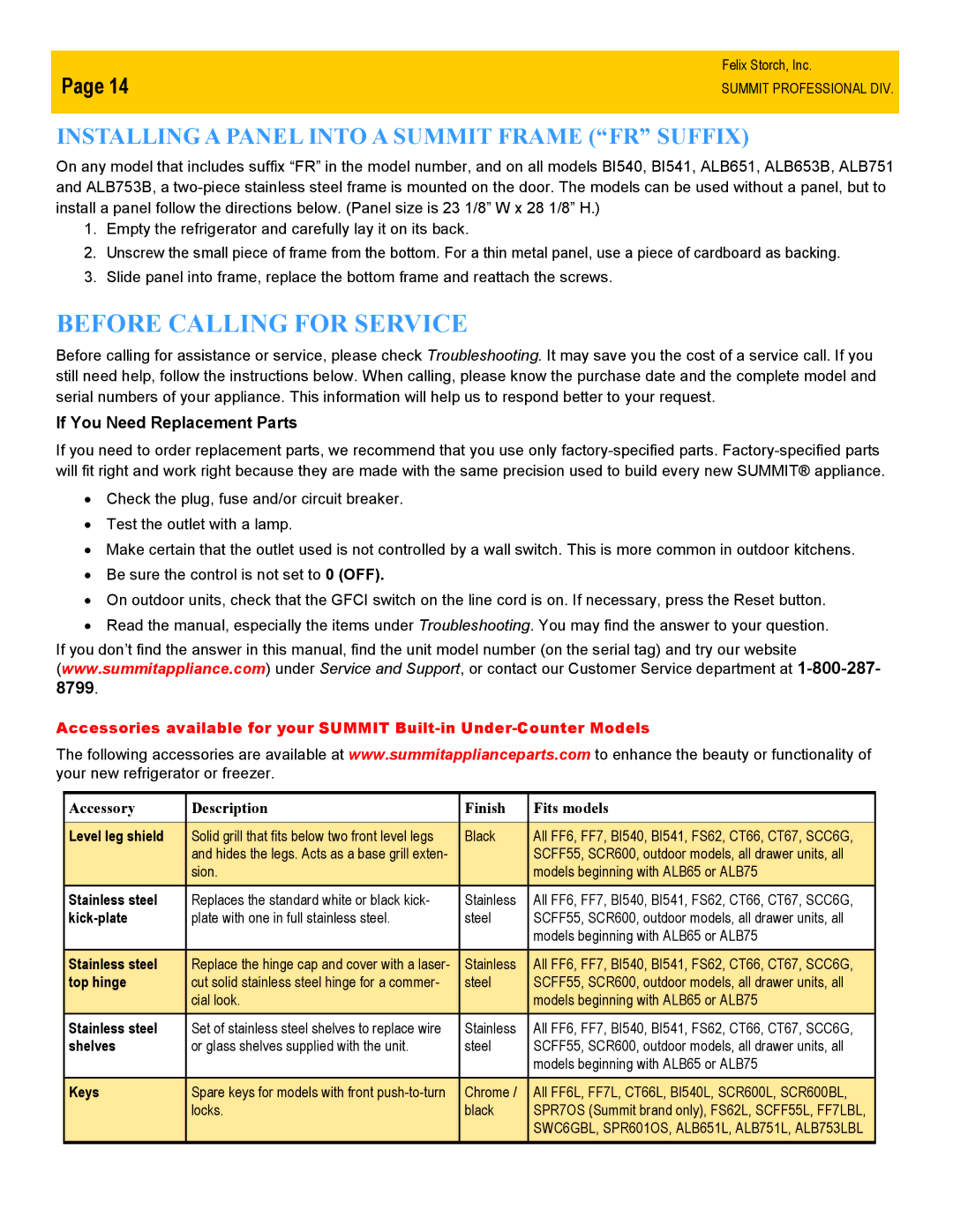 Summit FF7LBISSTB owner manual Before Calling for Service, Installing a Panel Into a Summit Frame FR Suffix 