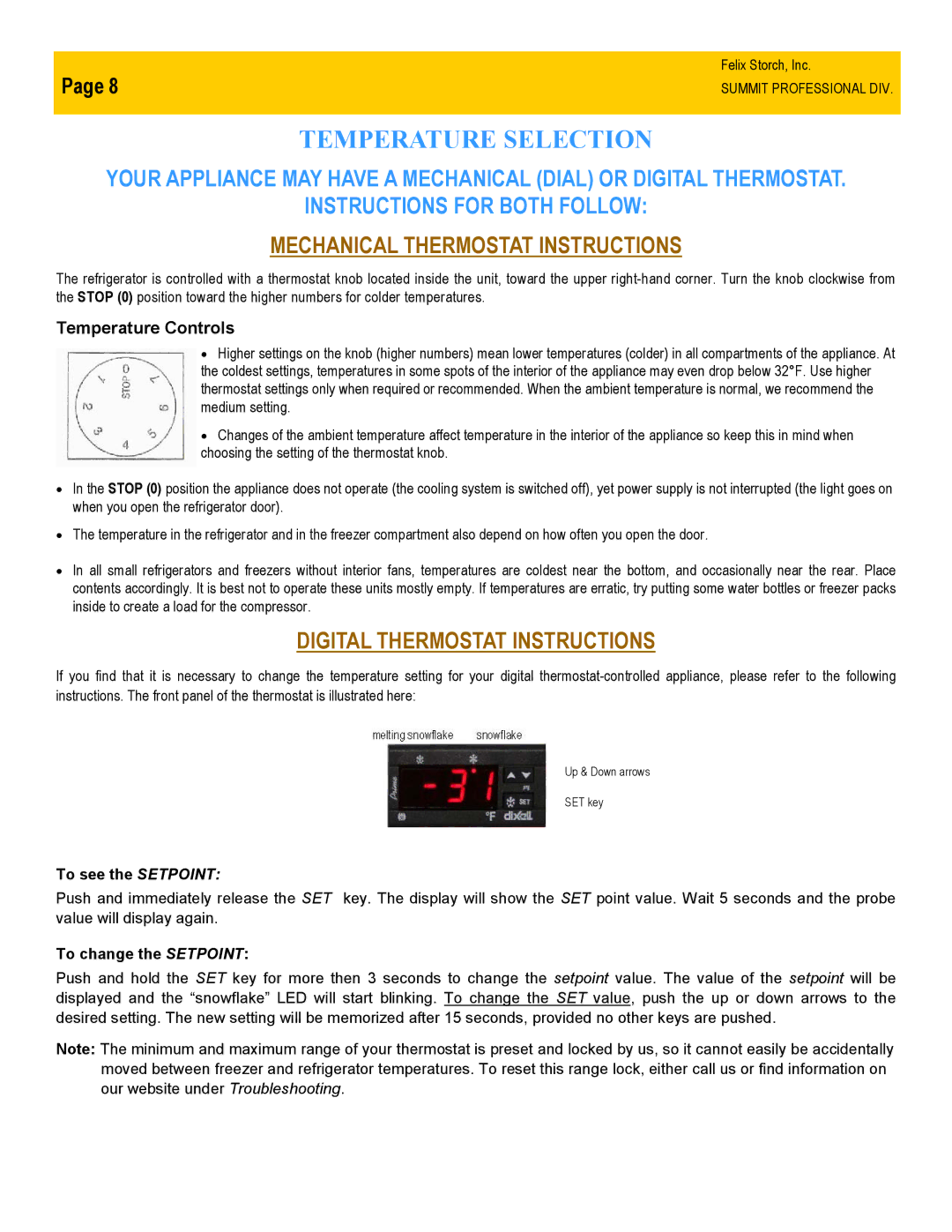 Summit FF7LBISSTB owner manual Temperature Selection, Mechanical Thermostat Instructions 