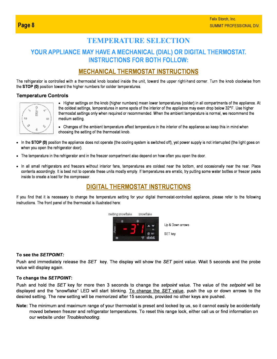 Summit FF7LBISSTB Temperature Selection, Instructions For Both Follow, Mechanical Thermostat Instructions, Page 