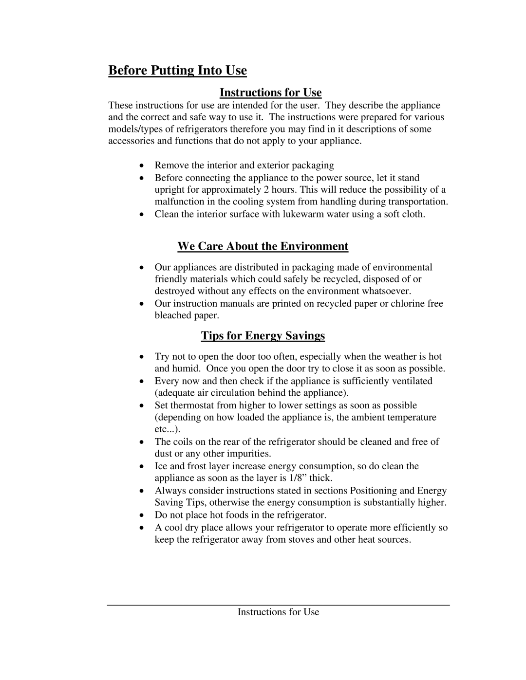 Summit FFAR-10 Before Putting Into Use, Instructions for Use, We Care About the Environment, Tips for Energy Savings 