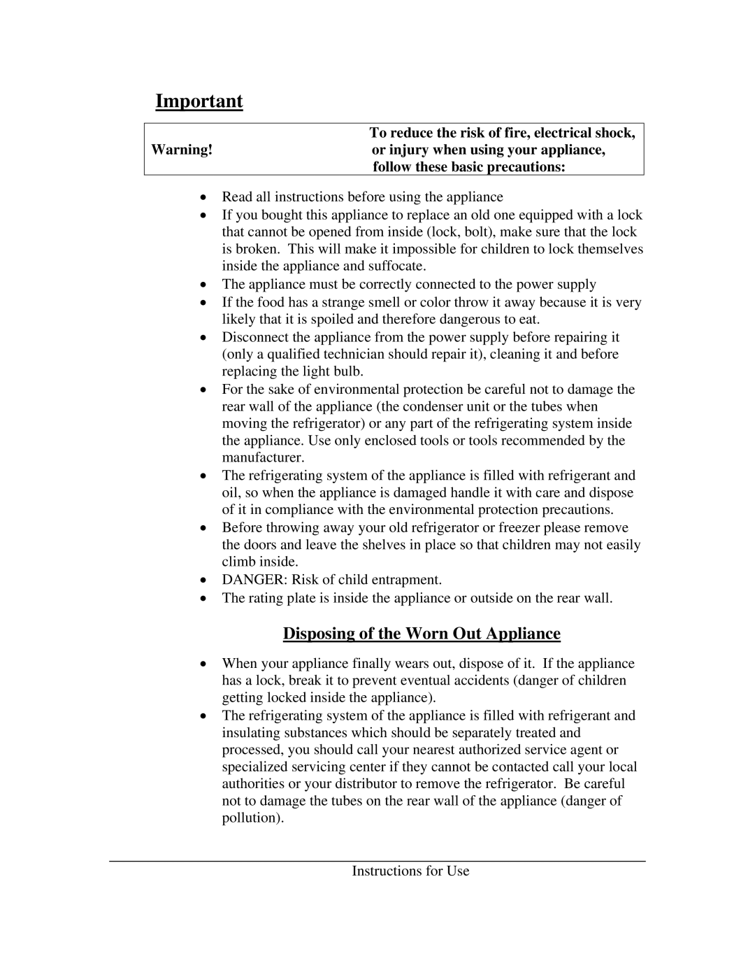 Summit FFAR-10 instruction manual Disposing of the Worn Out Appliance, To reduce the risk of fire, electrical shock 