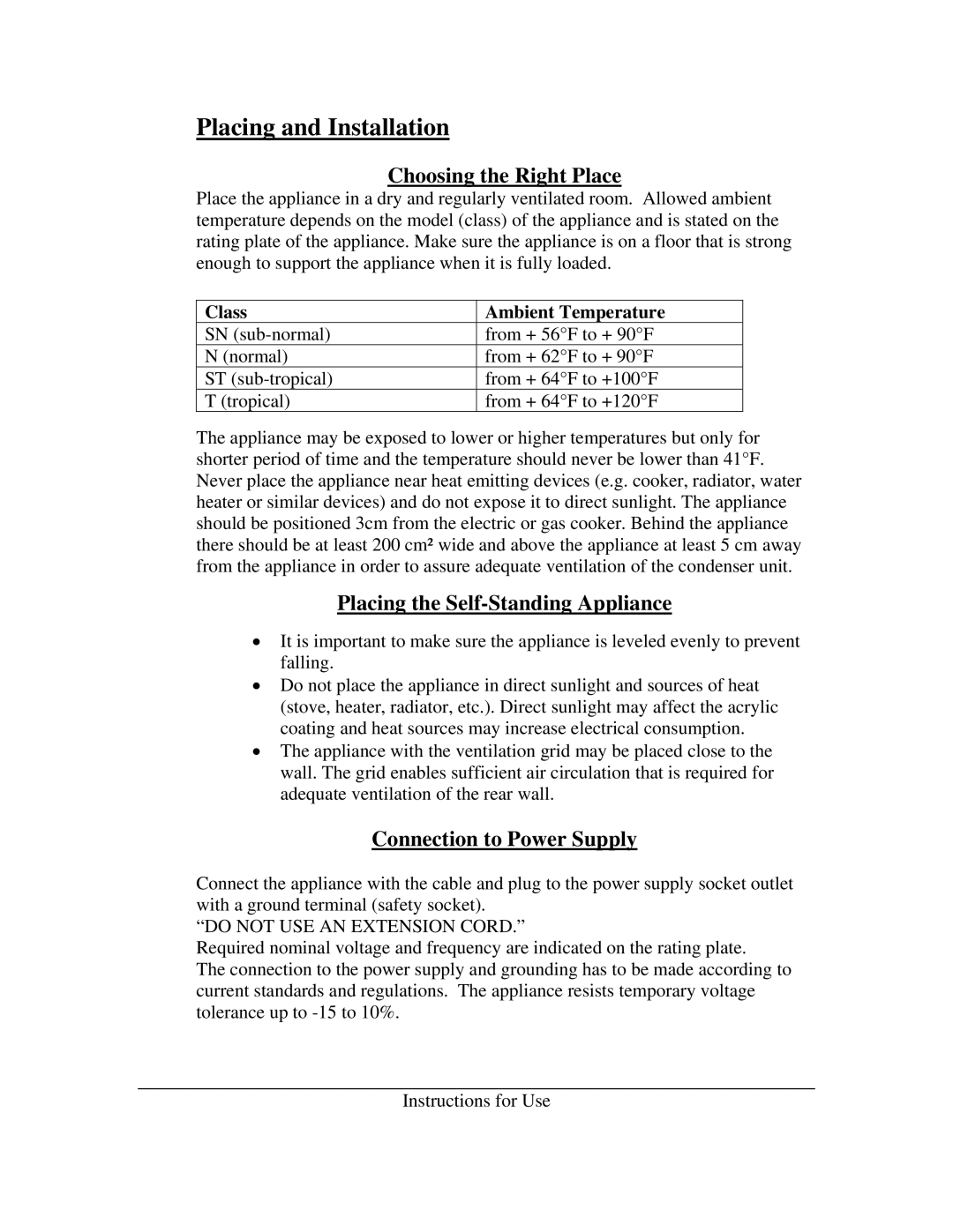 Summit FFAR-10 instruction manual Placing and Installation, Choosing the Right Place, Placing the Self-Standing Appliance 