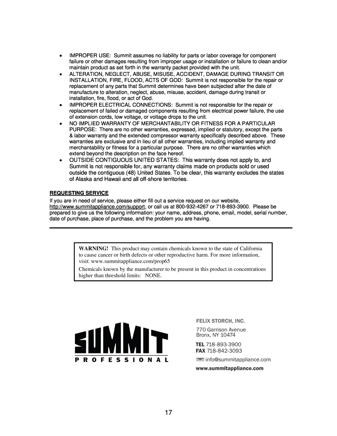 Summit FFBF285SS user manual Requesting Service 
