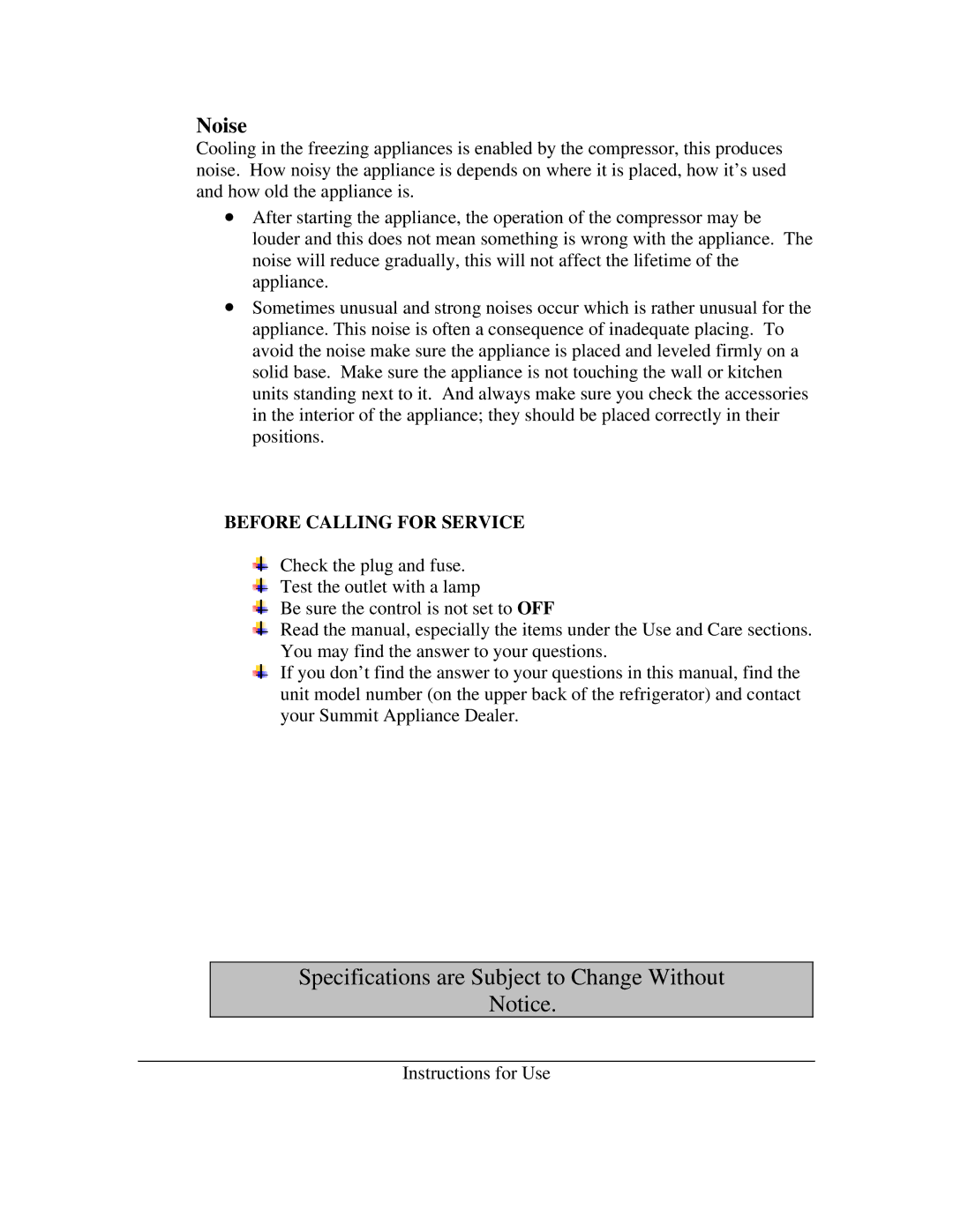 Summit FS-56L, FS-60 instruction manual Noise, Before Calling for Service 