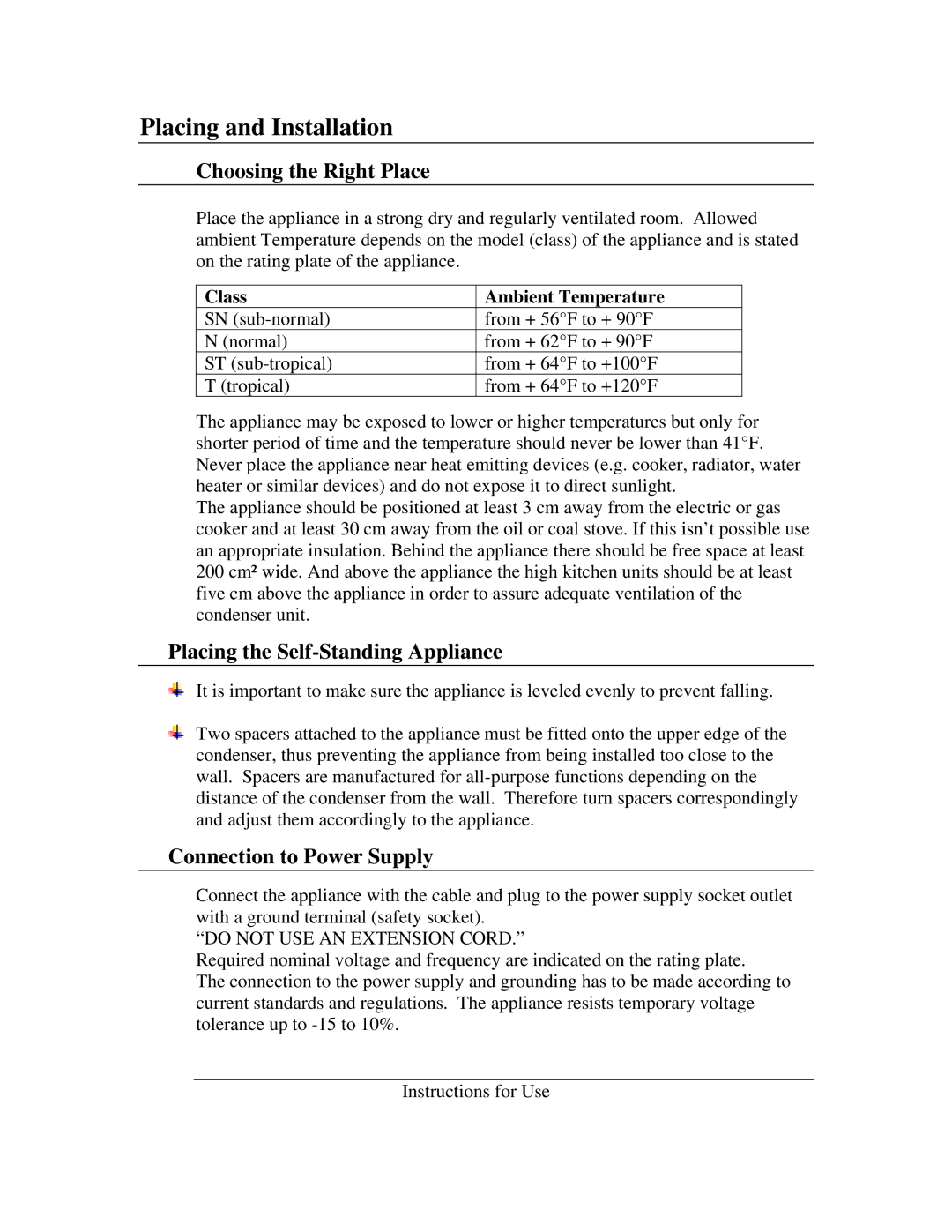 Summit FS-60, FS-56L Placing and Installation, Choosing the Right Place, Placing the Self-Standing Appliance 