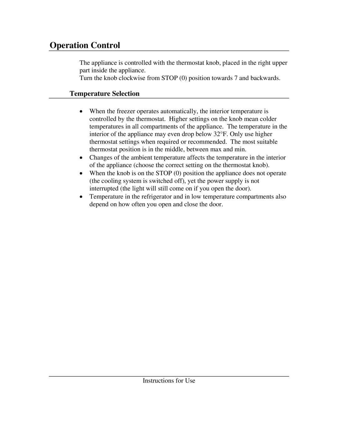 Summit FS-60, FS-56L instruction manual Operation Control, Temperature Selection 