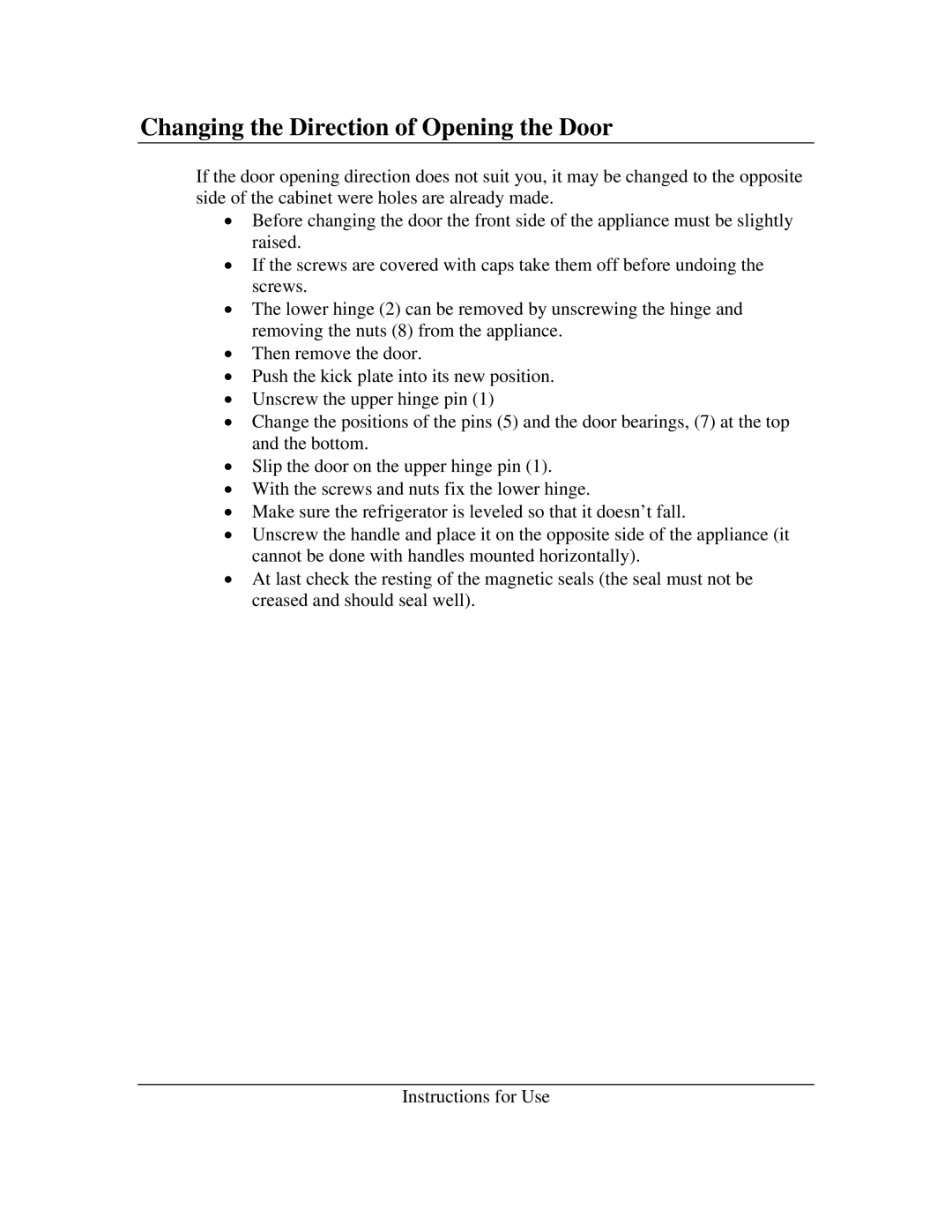 Summit FS-60, FS-56L instruction manual Changing the Direction of Opening the Door 