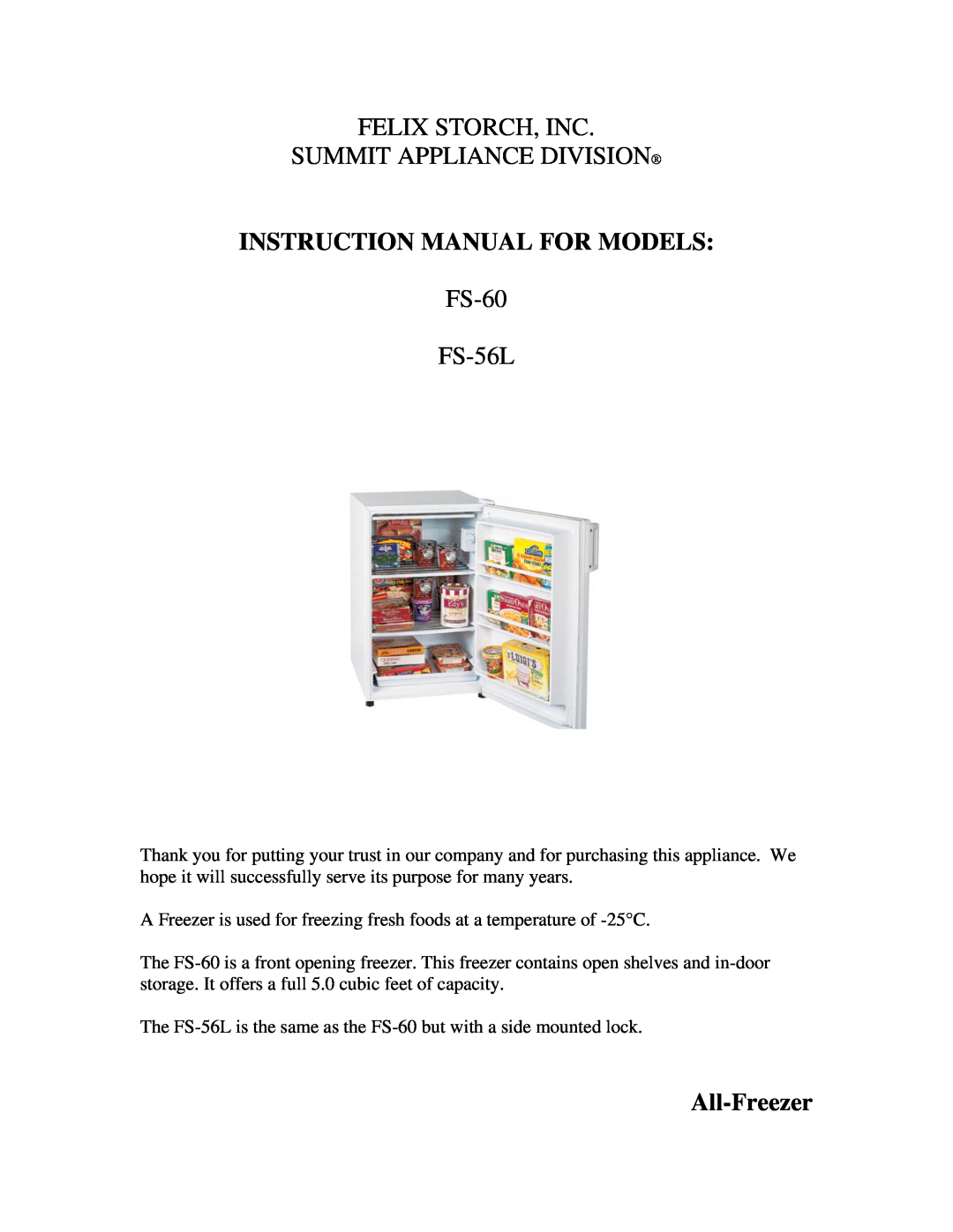 Summit instruction manual All-Freezer, Felix Storch, Inc Summit Appliance Division, FS-60 FS-56L 