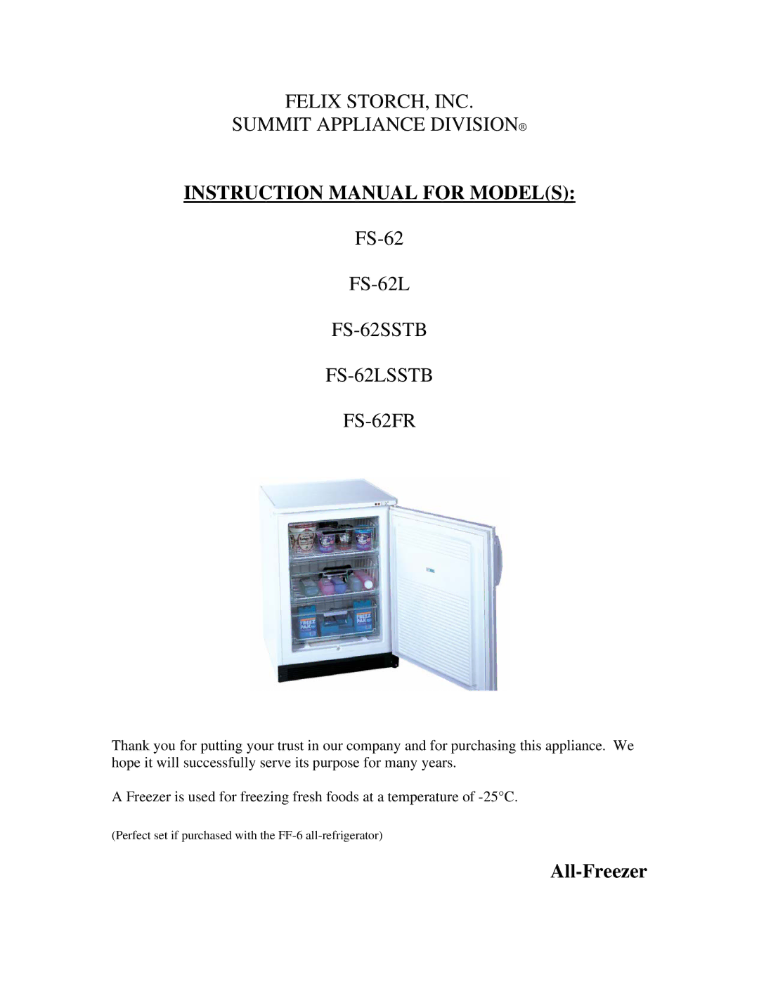 Summit instruction manual FS-62SSTB FS-62LSSTB FS-62FR, All-Freezer 