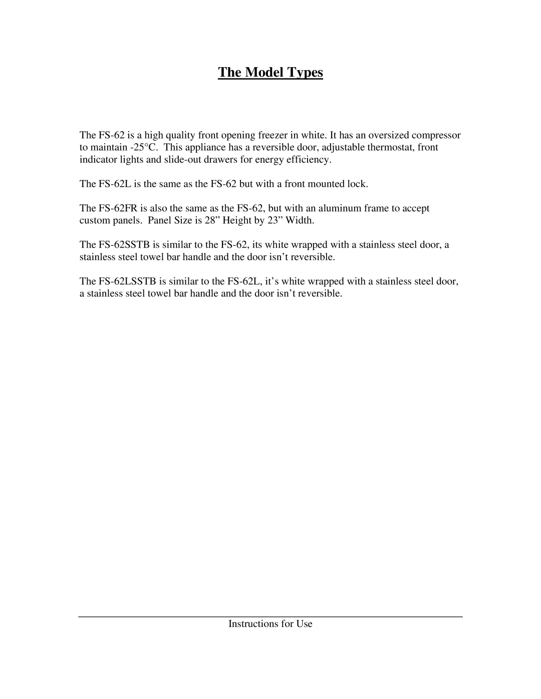 Summit FS-62LSSTB, FS-62SSTB, FS-62FR instruction manual Model Types 