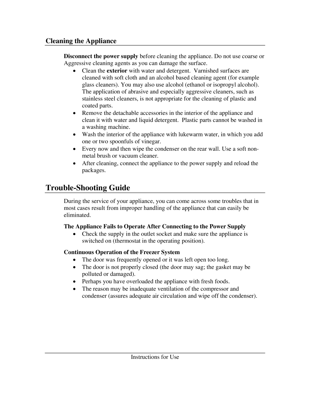 Summit FS-62FR, FS-62LSSTB Trouble-Shooting Guide, Cleaning the Appliance, Continuous Operation of the Freezer System 