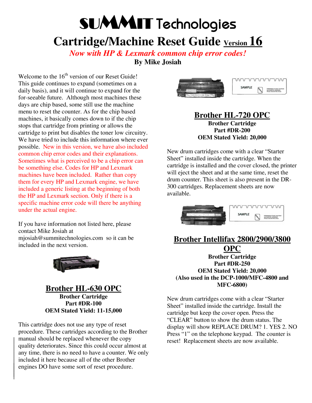 Summit manual Brother HL-630 OPC, Brother HL-720 OPC, Brother Intellifax 2800/2900/3800, By Mike Josiah 