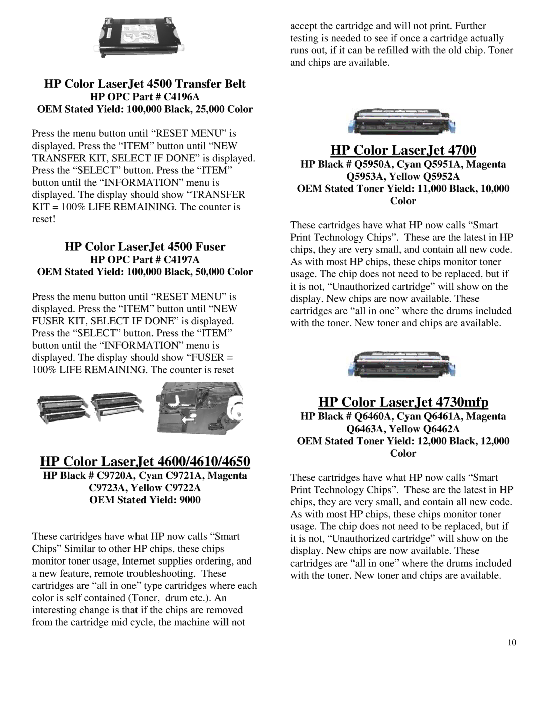 Summit HL-630 OPC manual HP Color LaserJet 4600/4610/4650, HP Color LaserJet 4730mfp, HP Color LaserJet 4500 Transfer Belt 