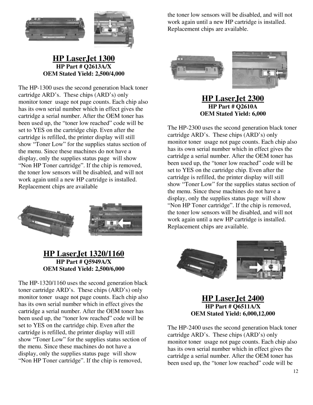 Summit HL-630 OPC manual HP LaserJet 1320/1160, HP Q2613A/X OEM Stated Yield 2,500/4,000, HP Q2610A OEM Stated Yield 6,000 