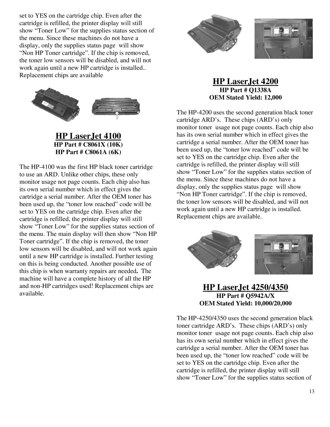 Summit HL-630 OPC manual HP LaserJet 4250/4350, HP C8061X 10K HP C8061A 6K, HP Q1338A OEM Stated Yield 12,000 