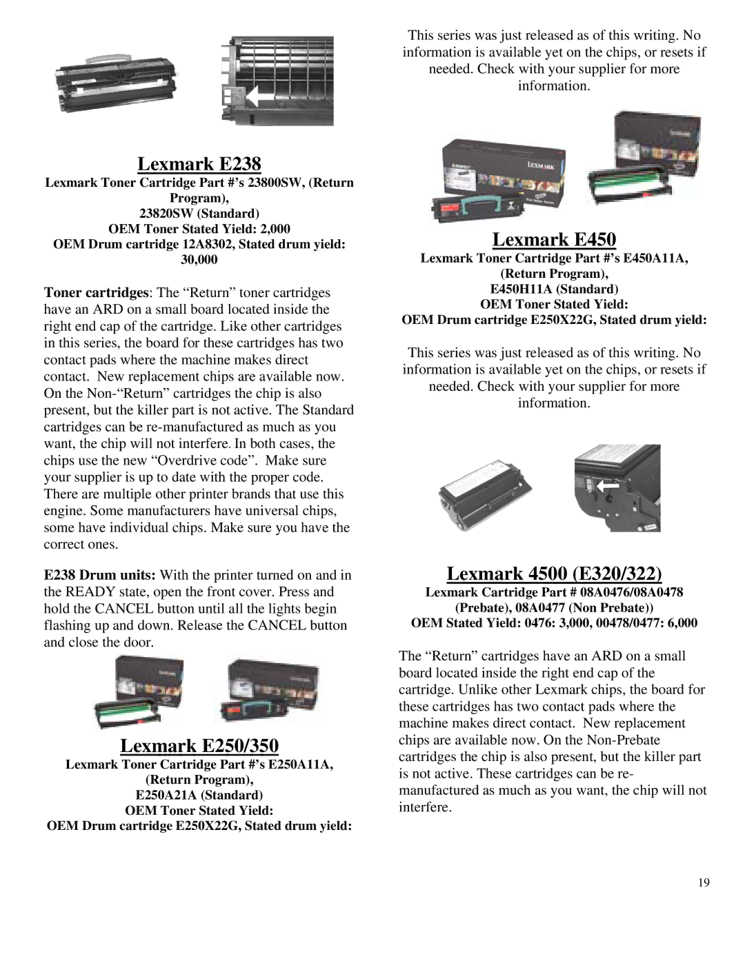 Summit HL-630 OPC manual Lexmark E238, Lexmark E250/350, Lexmark E450, Lexmark 4500 E320/322 