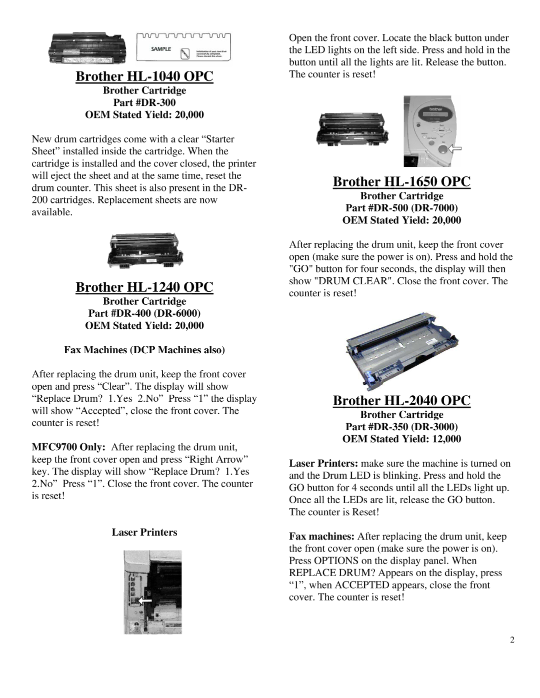 Summit HL-630 OPC manual Brother HL-1040 OPC, Brother HL-1240 OPC, Brother HL-1650 OPC, Brother HL-2040 OPC 