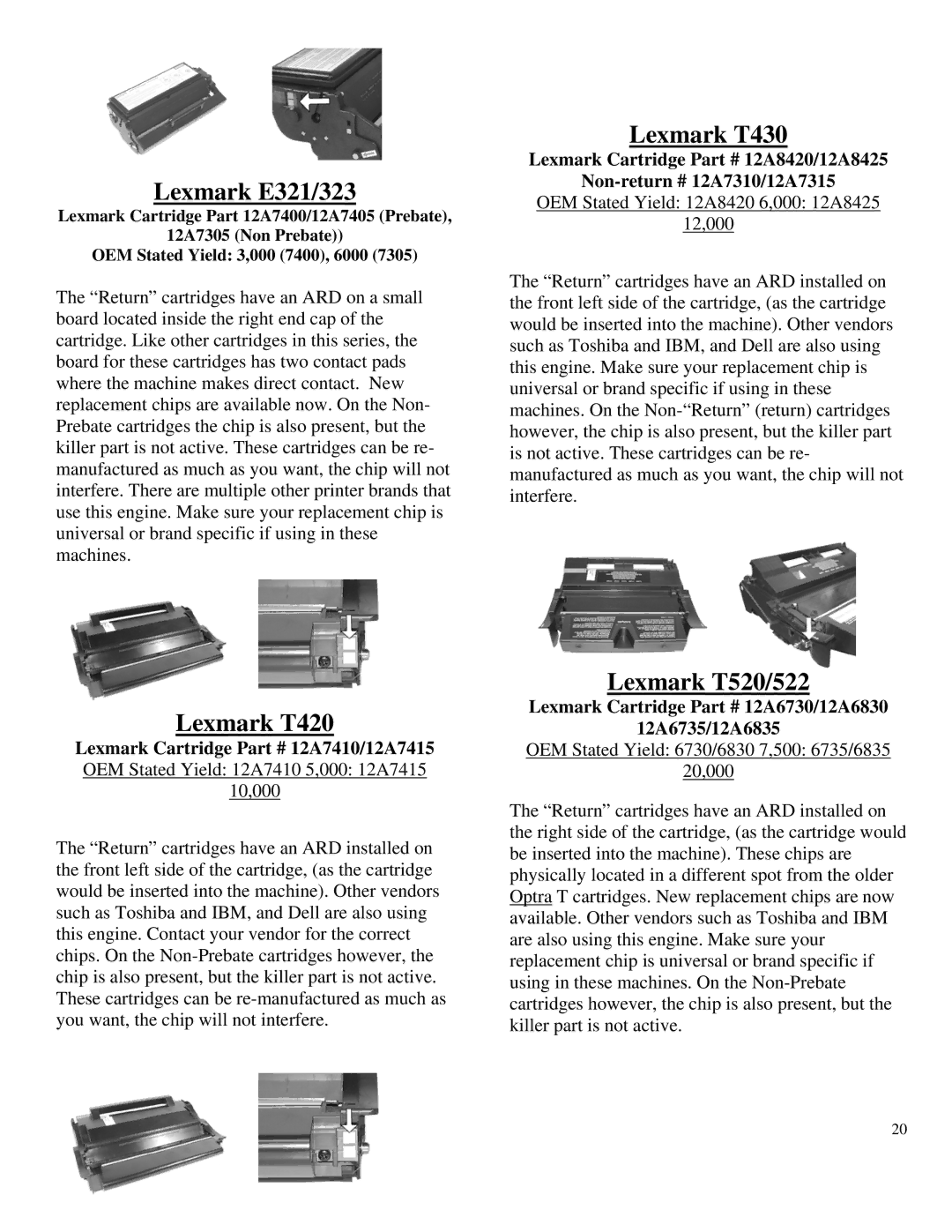 Summit HL-630 OPC manual Lexmark E321/323, Lexmark T430, Lexmark T420, Lexmark T520/522 