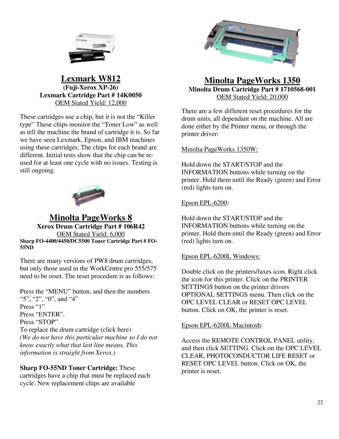 Summit HL-630 OPC Lexmark W812, Minolta PageWorks, Fuji-Xerox XP-26 Lexmark Cartridge 14K0050, Xerox Drum Cartridge 106R42 