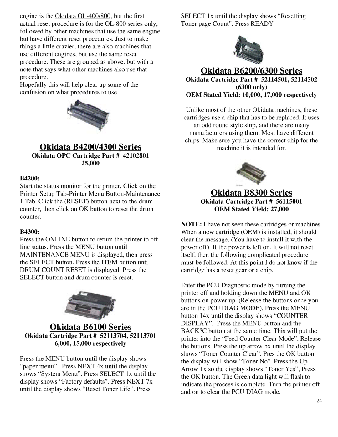 Summit HL-630 OPC manual Okidata B4200/4300 Series, Okidata B6100 Series, Okidata B6200/6300 Series, Okidata B8300 Series 