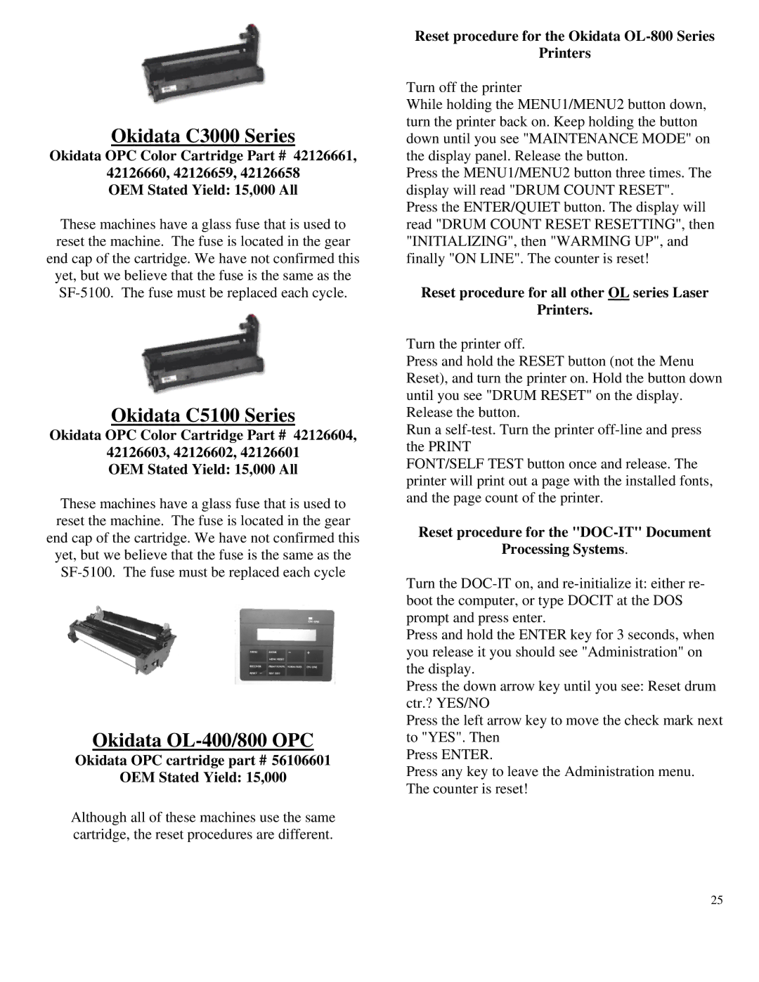 Summit HL-630 OPC manual Okidata C3000 Series, Okidata C5100 Series, Okidata OL-400/800 OPC 