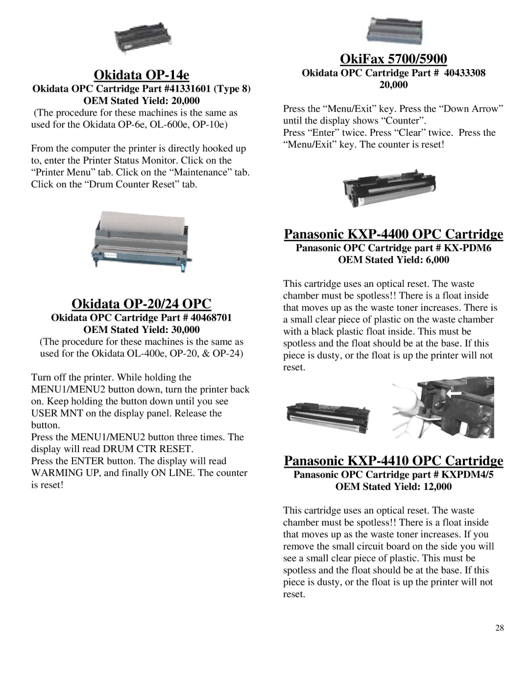 Summit HL-630 OPC manual Okidata OP-14e, OkiFax 5700/5900, Okidata OP-20/24 OPC, Panasonic KXP-4400 OPC Cartridge 