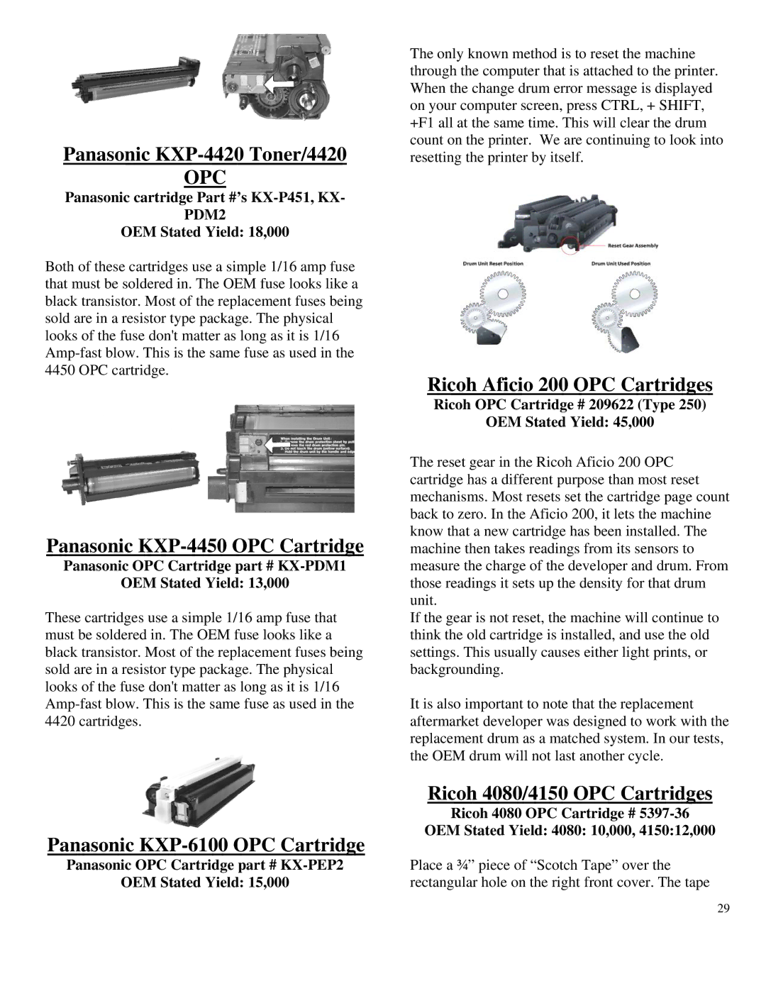 Summit HL-630 OPC manual Panasonic KXP-4420 Toner/4420, Panasonic KXP-4450 OPC Cartridge, Panasonic KXP-6100 OPC Cartridge 