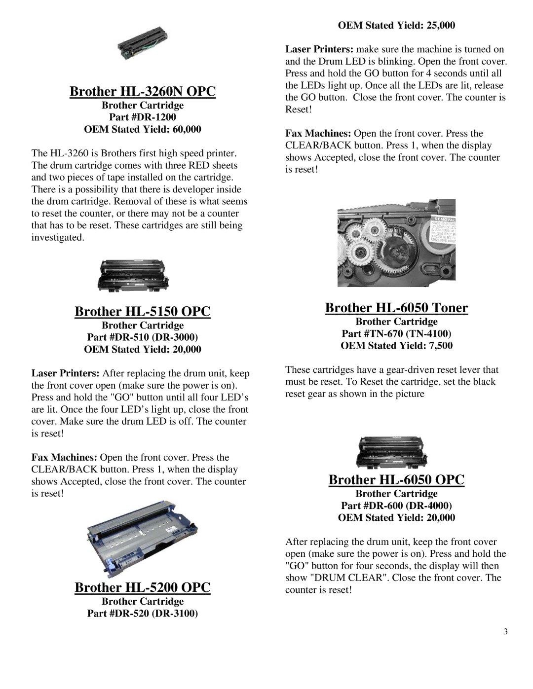 Summit HL-630 OPC manual Brother HL-3260N OPC, Brother HL-5150 OPC, Brother HL-5200 OPC, Brother HL-6050 Toner 