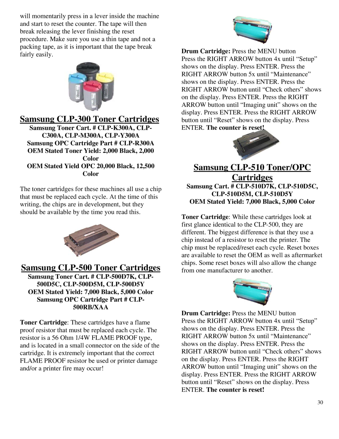 Summit HL-630 OPC Samsung CLP-300 Toner Cartridges, Samsung CLP-500 Toner Cartridges, Samsung CLP-510 Toner/OPC Cartridges 