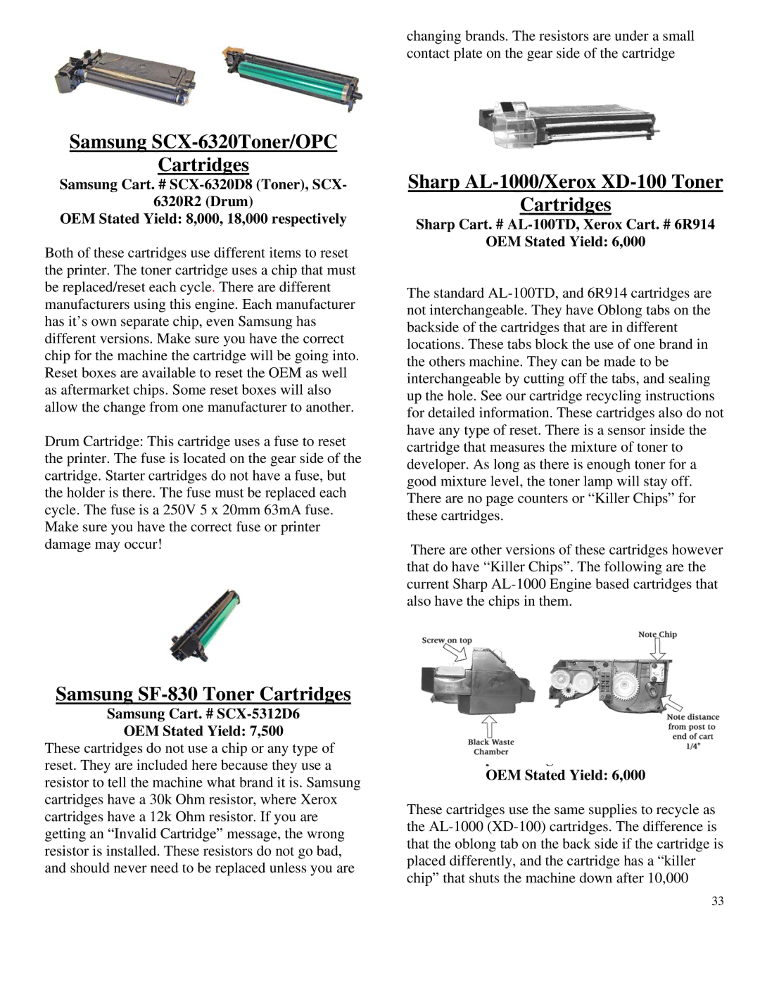 Summit HL-630 OPC Samsung SCX-6320Toner/OPC Cartridges, Sharp AL-1000/Xerox XD-100 Toner Cartridges, Sharp AR-150 Toner 