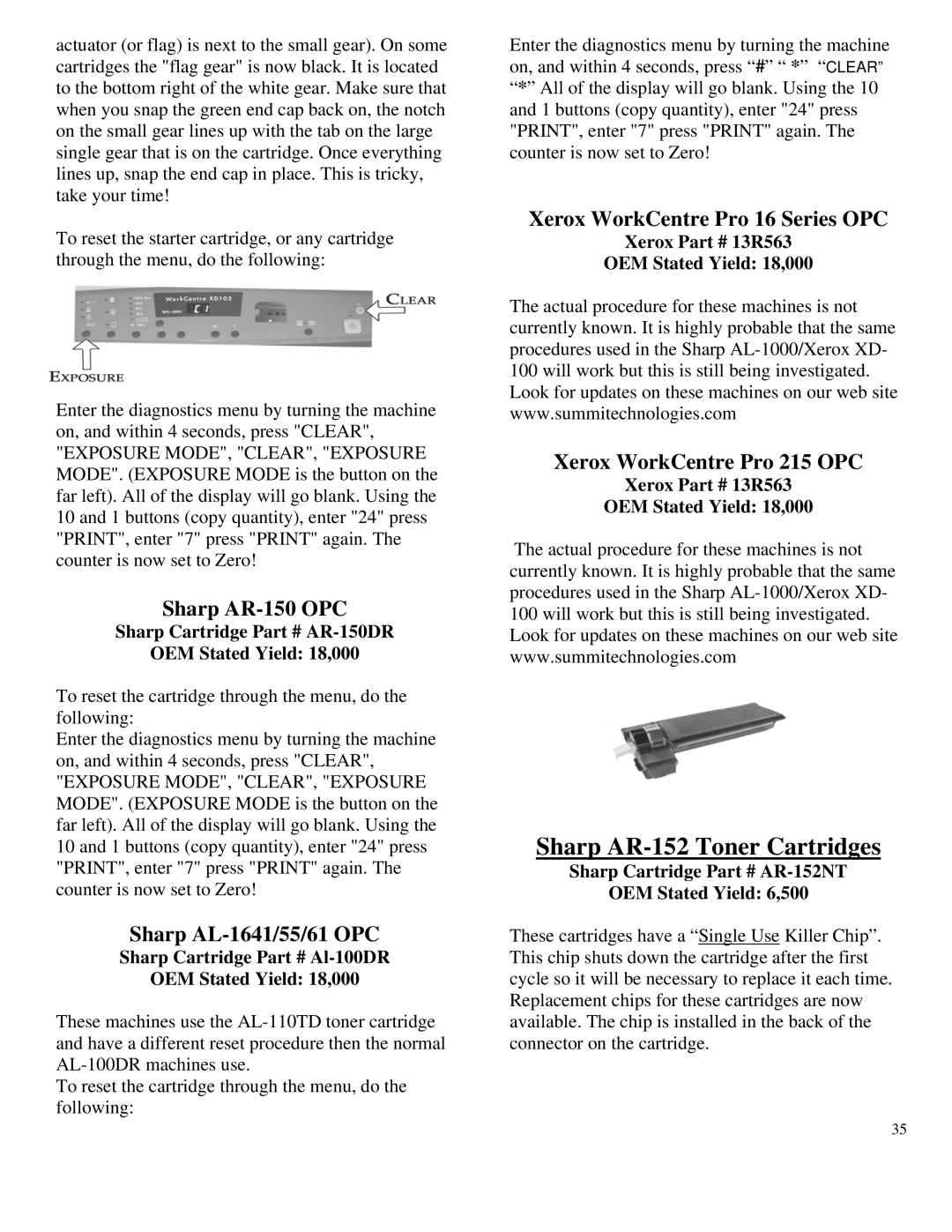 Summit HL-630 OPC Sharp AR-152 Toner Cartridges, Sharp AR-150 OPC, Sharp AL-1641/55/61 OPC, Xerox WorkCentre Pro 215 OPC 