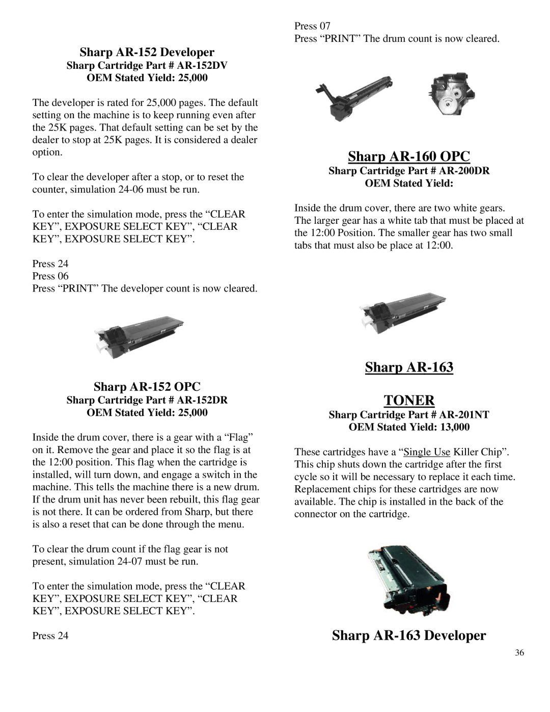 Summit HL-630 OPC manual Sharp AR-160 OPC, Sharp AR-163 Developer, Sharp AR-152 Developer, Sharp AR-152 OPC 