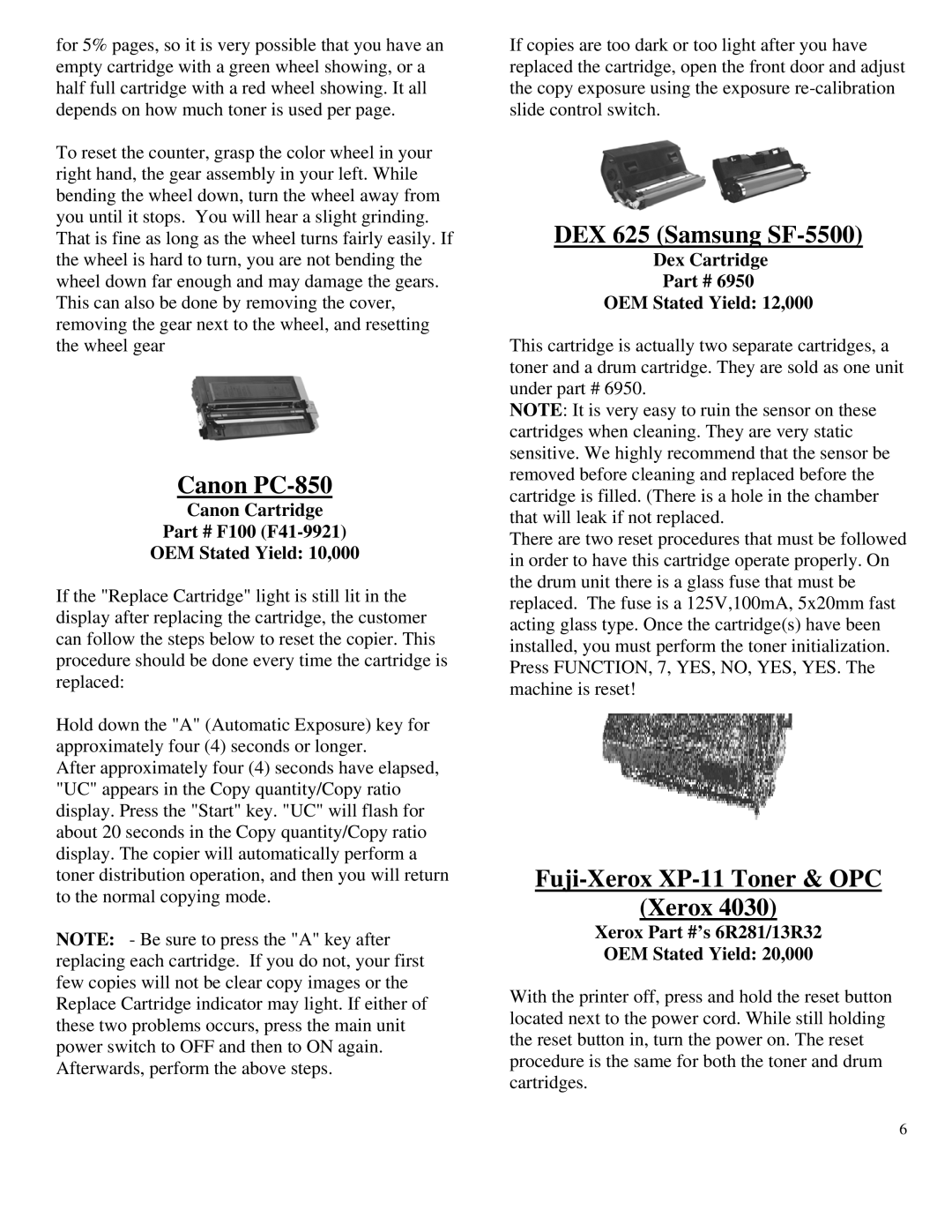 Summit HL-630 OPC manual Canon PC-850, DEX 625 Samsung SF-5500, Fuji-Xerox XP-11 Toner & OPC 