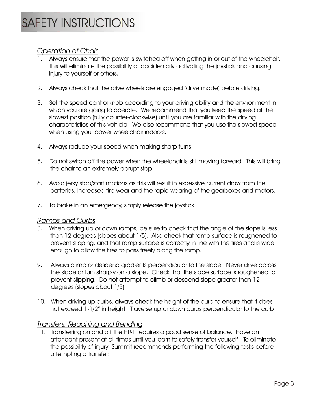 Summit HP-1S, HP-1L user manual Safety Instructions, Operation of Chair 