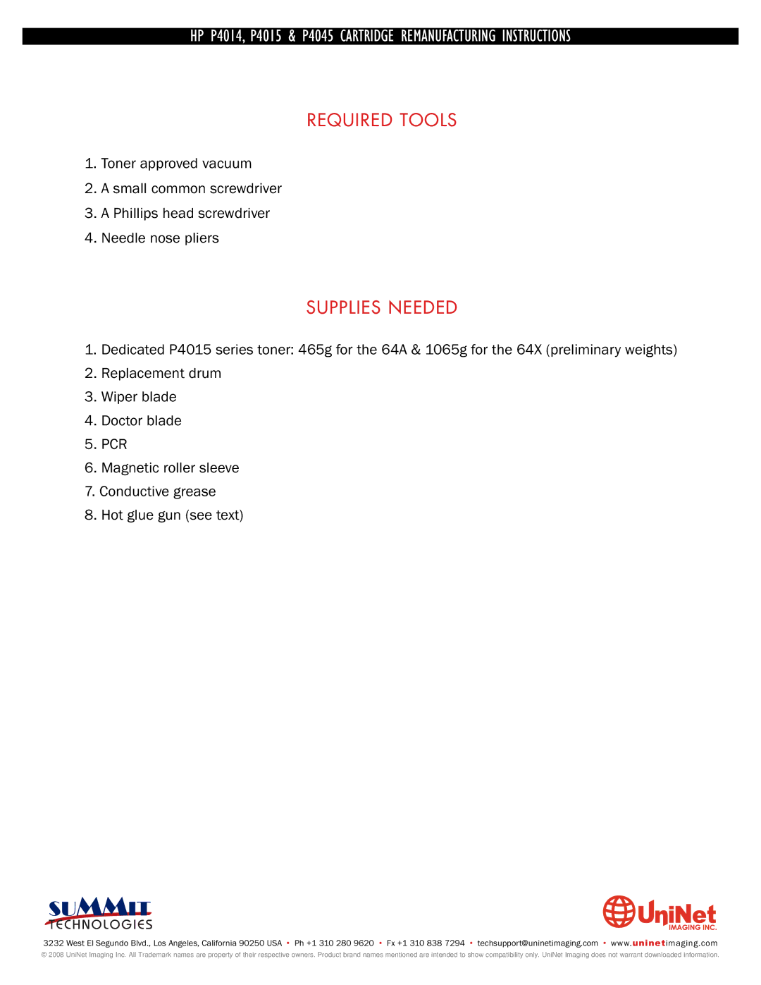 Summit P4015, P4045, P4014 manual Required Tools 