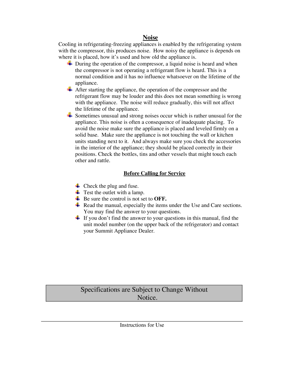 Summit S-23L, SW-23, CSW-34 instruction manual Noise, Before Calling for Service 