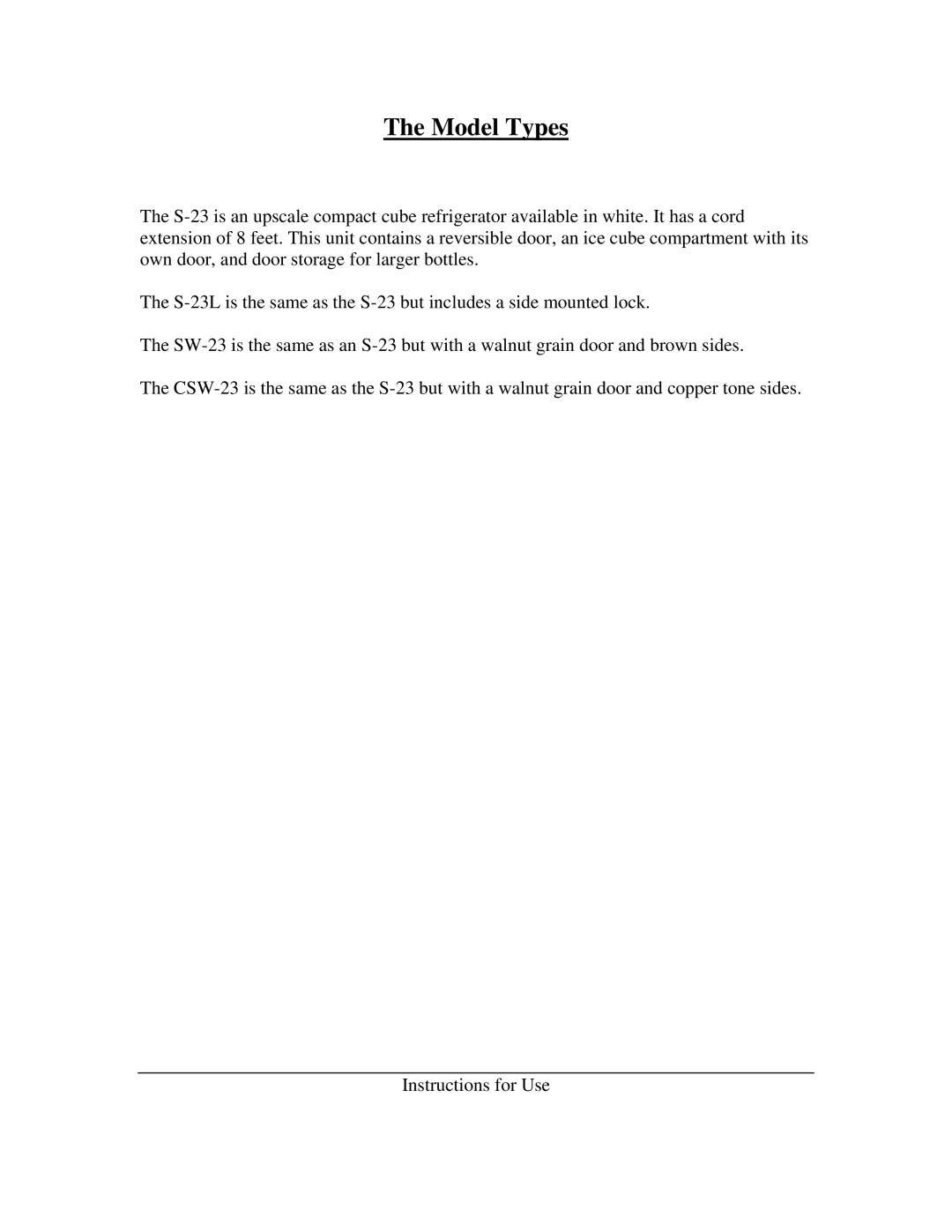 Summit S-23L, SW-23, CSW-34 instruction manual Model Types 