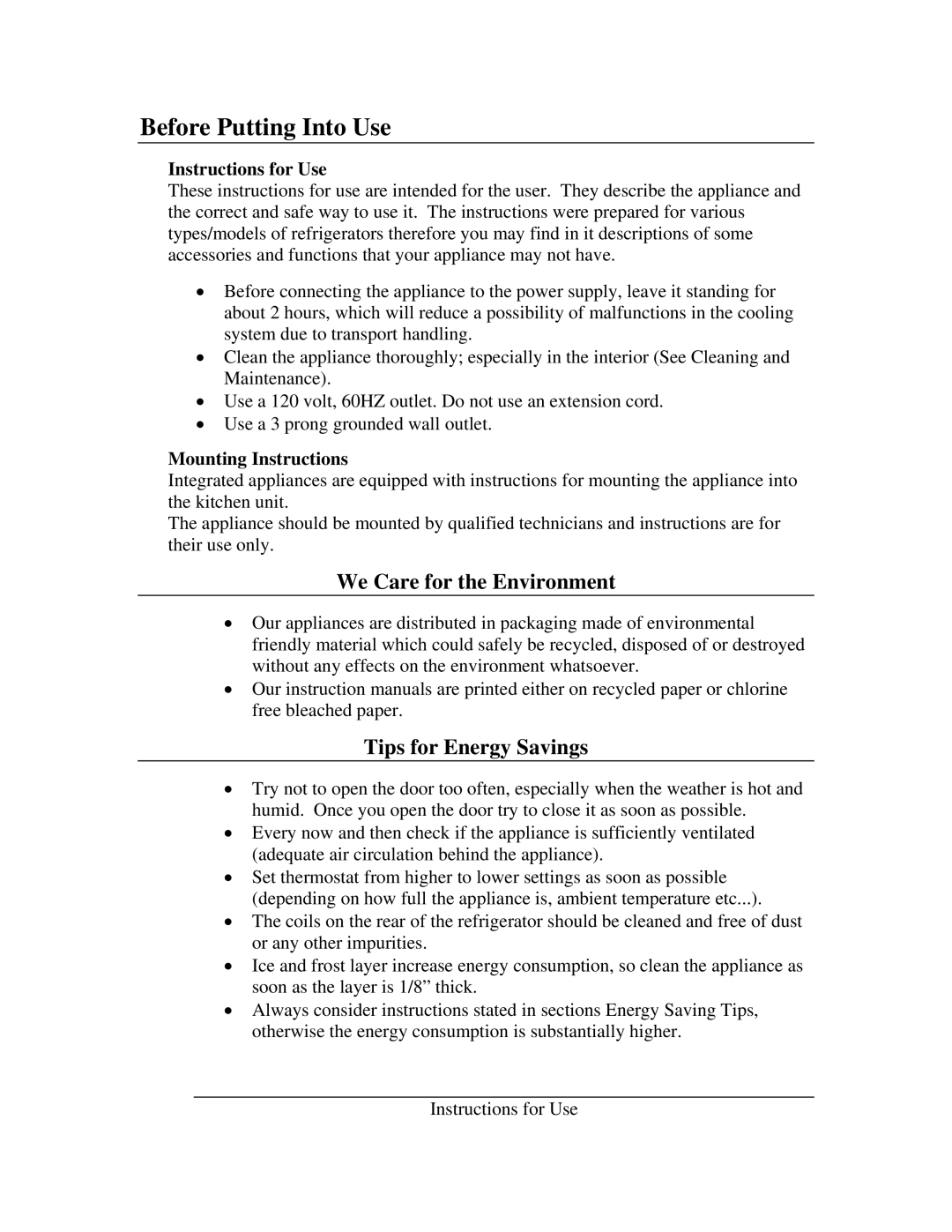 Summit CSW-34, S-23L Before Putting Into Use, We Care for the Environment, Tips for Energy Savings, Instructions for Use 