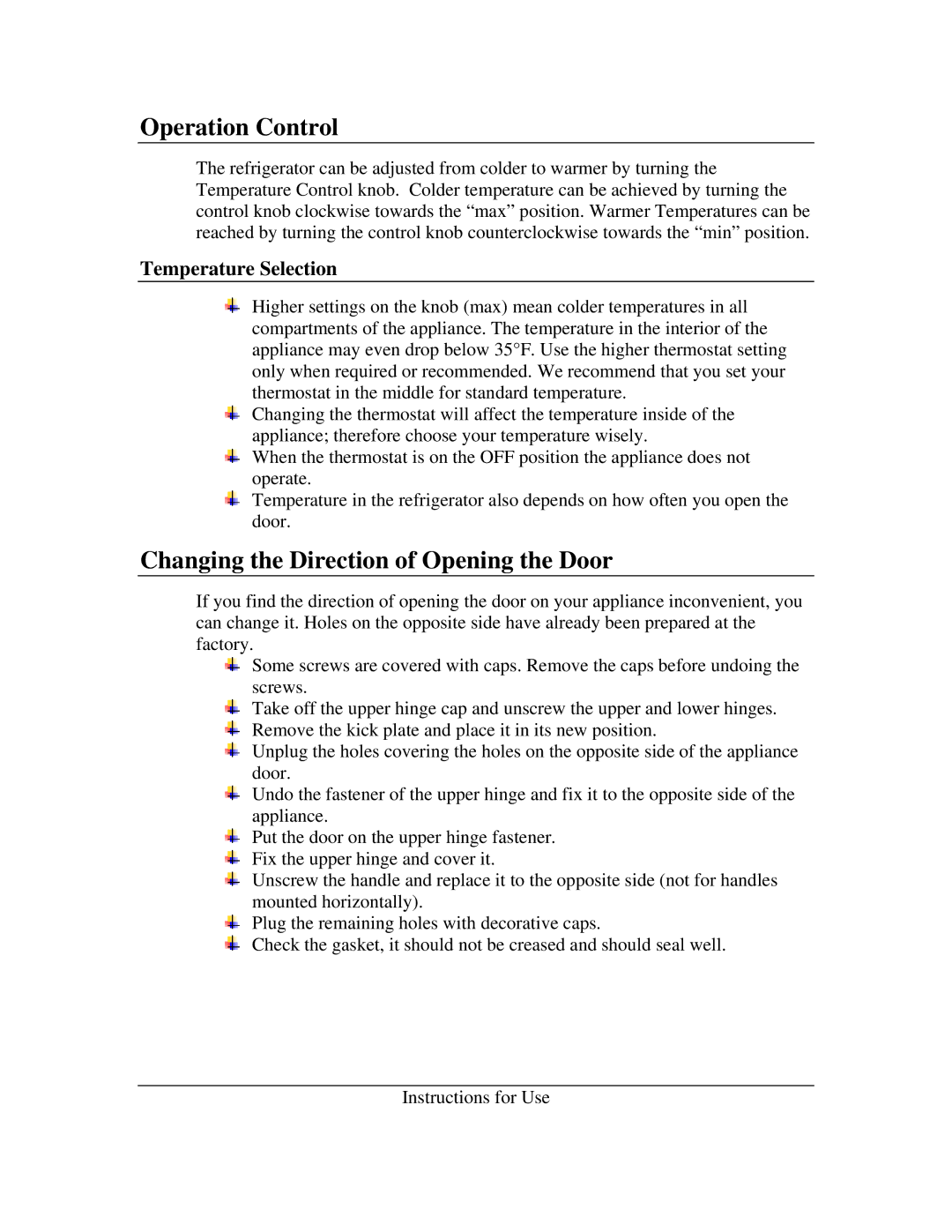 Summit CSW-34, S-23L, SW-23 instruction manual Operation Control, Changing the Direction of Opening the Door 