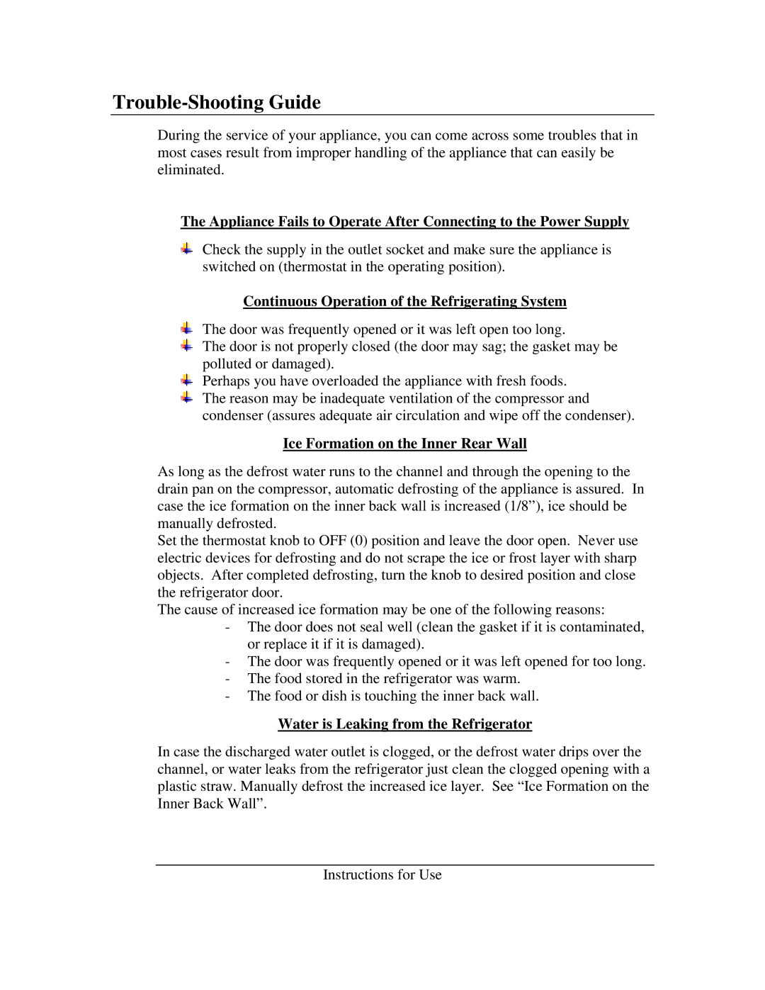 Summit SW-23, S-23L, CSW-34 instruction manual Trouble-Shooting Guide, Continuous Operation of the Refrigerating System 