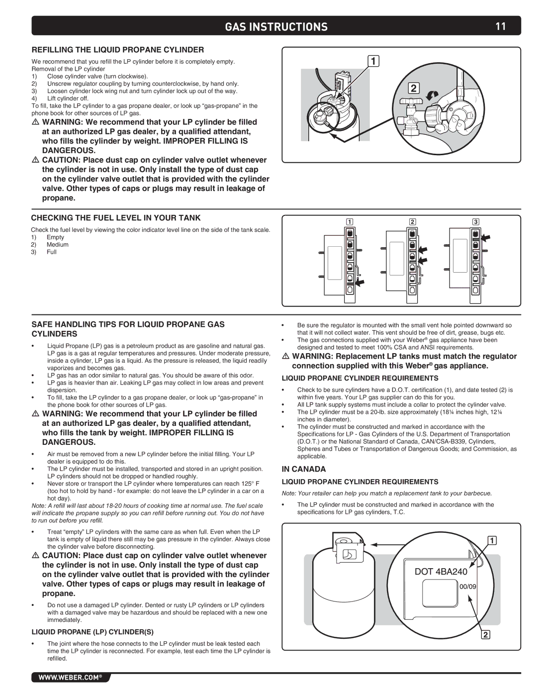 Summit S-460 manual Refilling the Liquid Propane Cylinder, Checking the fuel level in your tank, Canada 