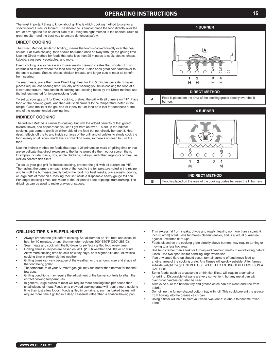 Summit S-460 manual Direct cooking, Indirect cooking, Grilling Tips & Helpful Hints 