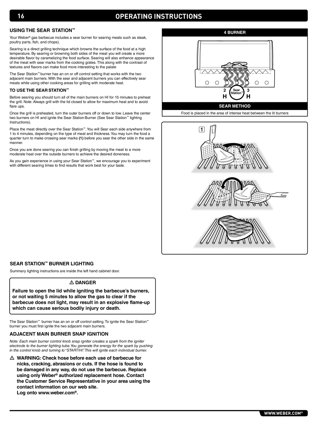 Summit S-460 manual Using the Sear Station, Sear Station Burner Lighting, Adjacent Main Burner Snap Ignition 