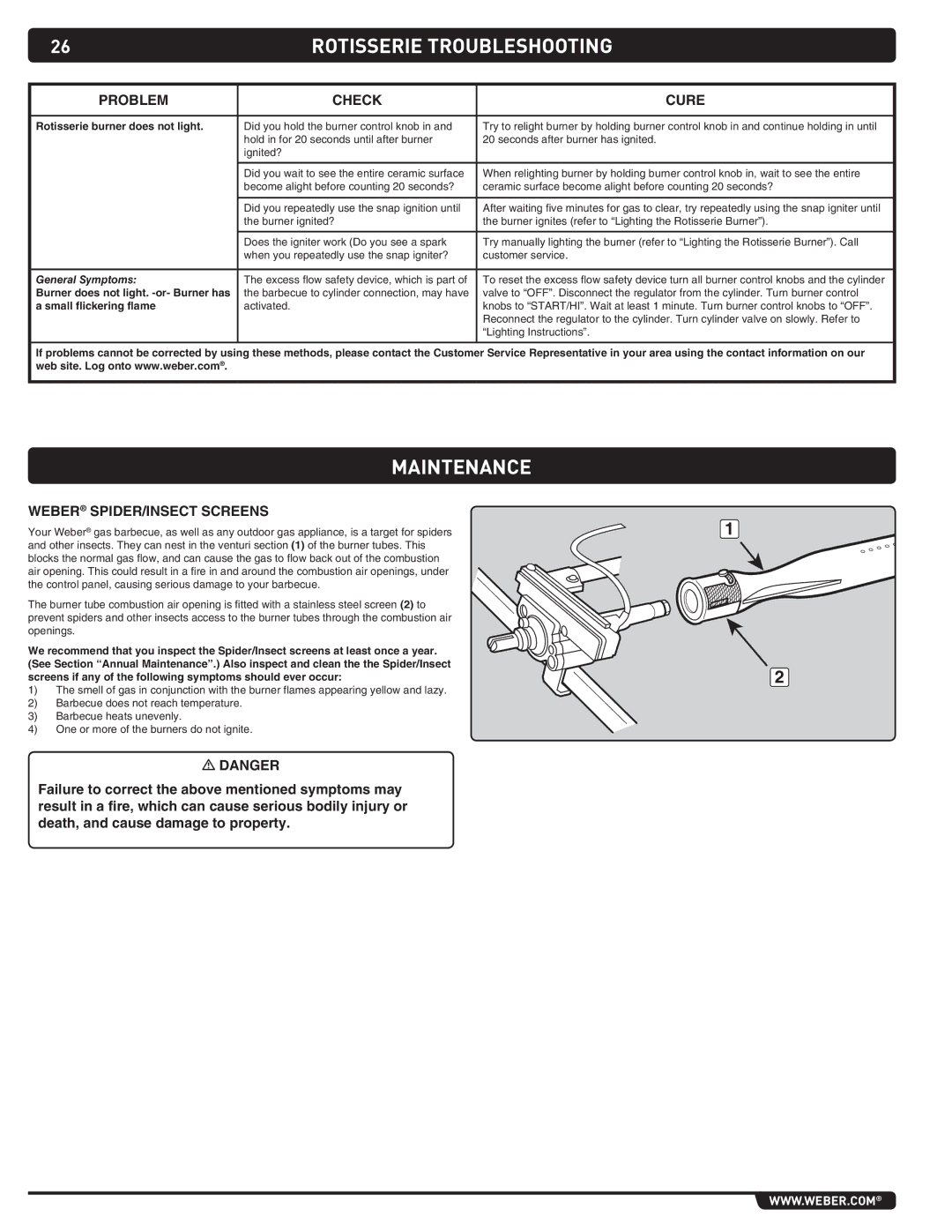 Summit S-460 manual Rotisserie Troubleshooting, Maintenance, Weber SPIDER/INSECT Screens, Rotisserie burner does not light 