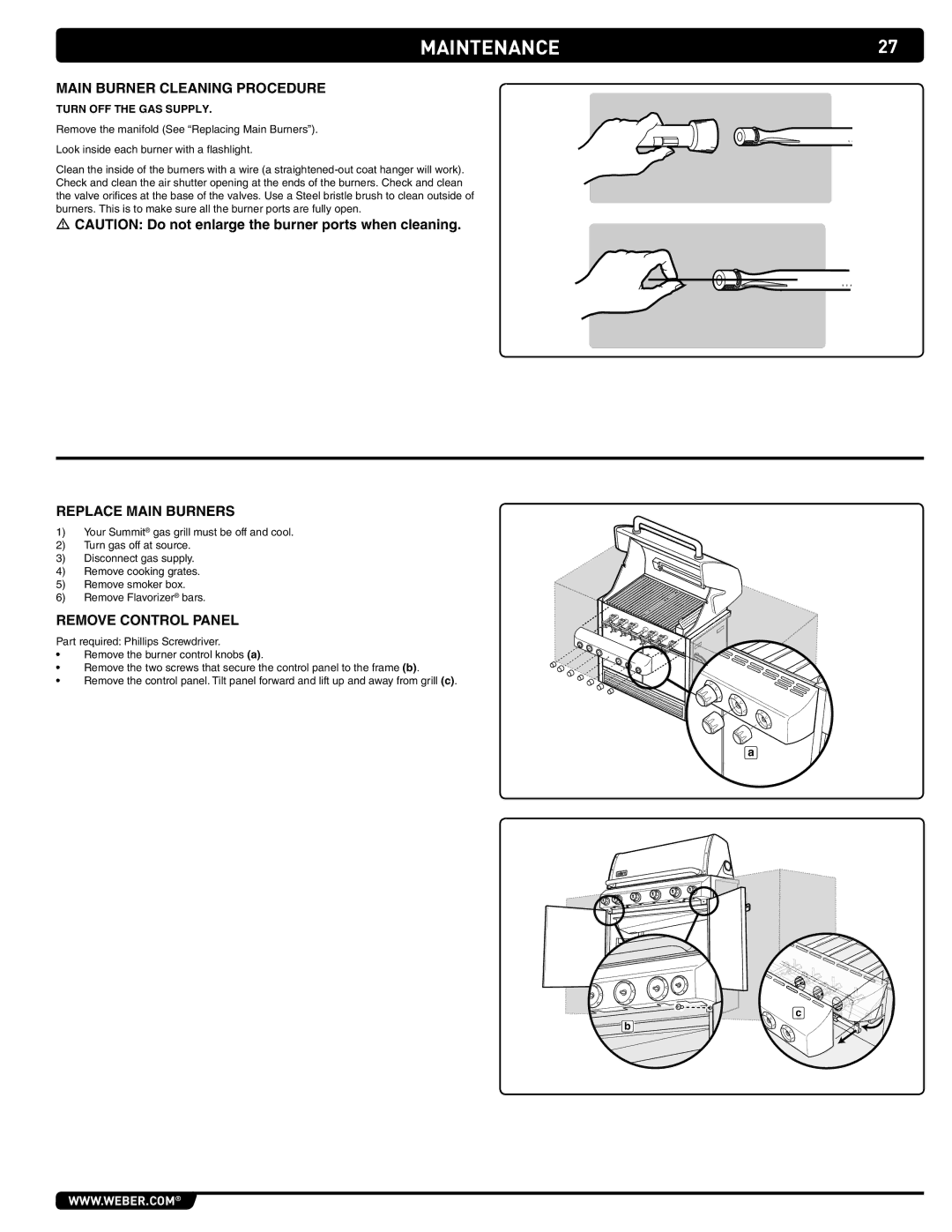 Summit S-460 manual Main Burner Cleaning Procedure, Replace Main Burners, Turn off the gas supply 