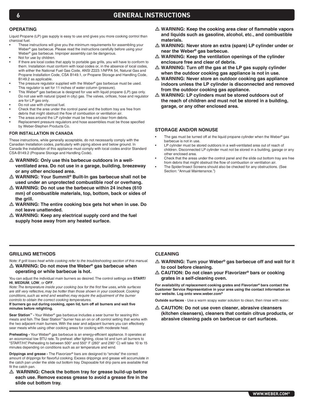 Summit S-460 manual General Instructions, Operating, Storage and/or Nonuse, Grilling Methods, Cleaning 