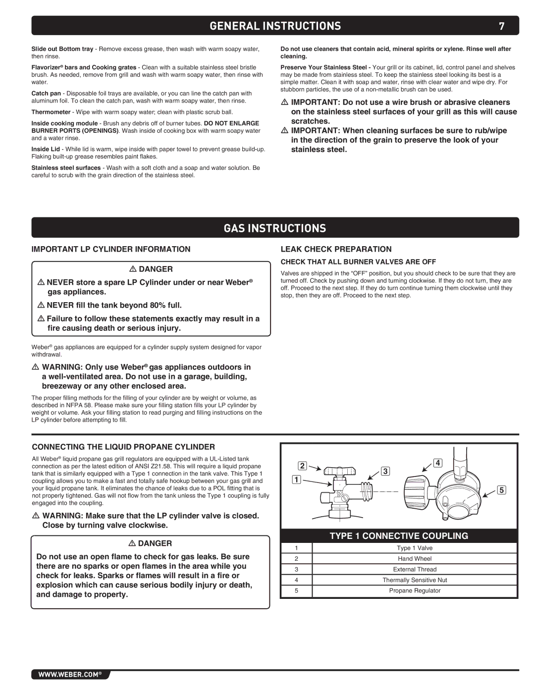 Summit S-460 manual Important LP Cylinder Information, Leak Check Preparation, Gas appliances 